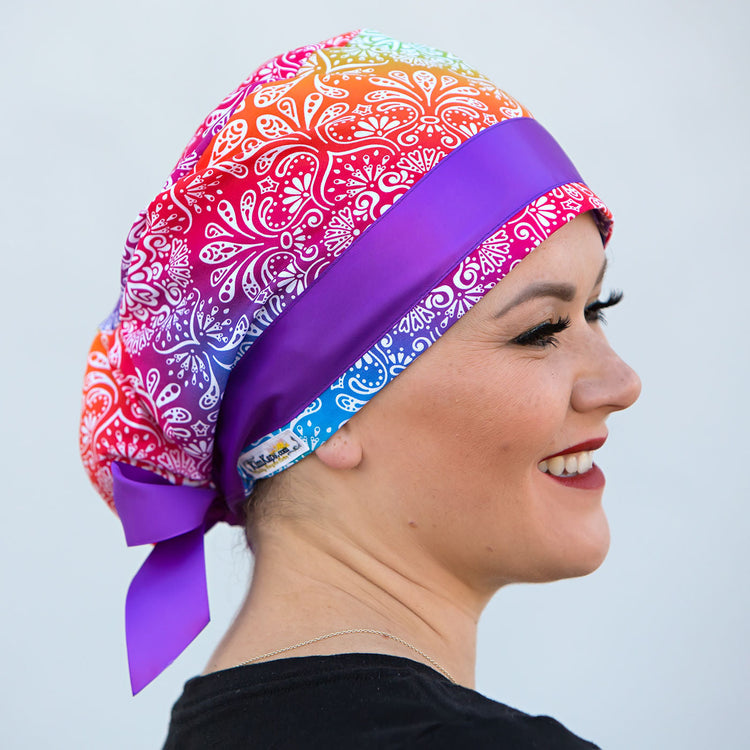 Cotton European style scrub cap with cordlock closure and wide ribbon ties.
