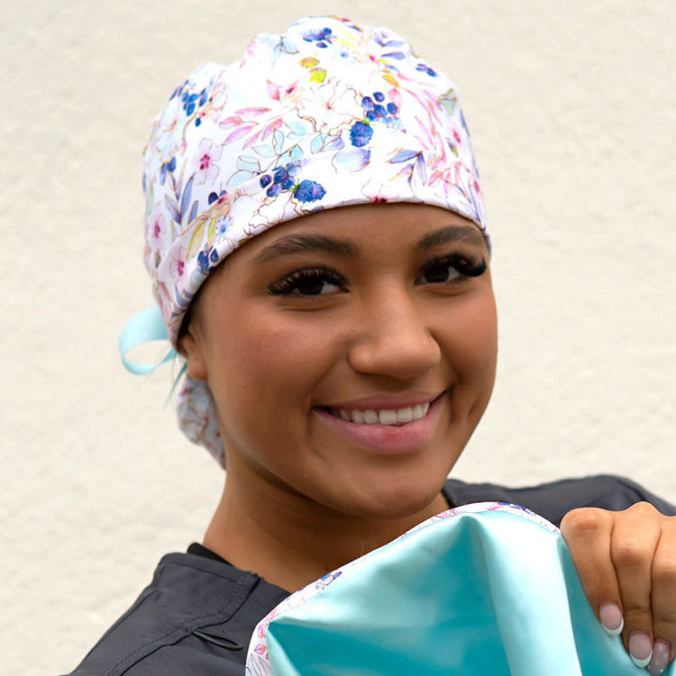 Cotton ponytail scrub cap with cotton-free satin lining