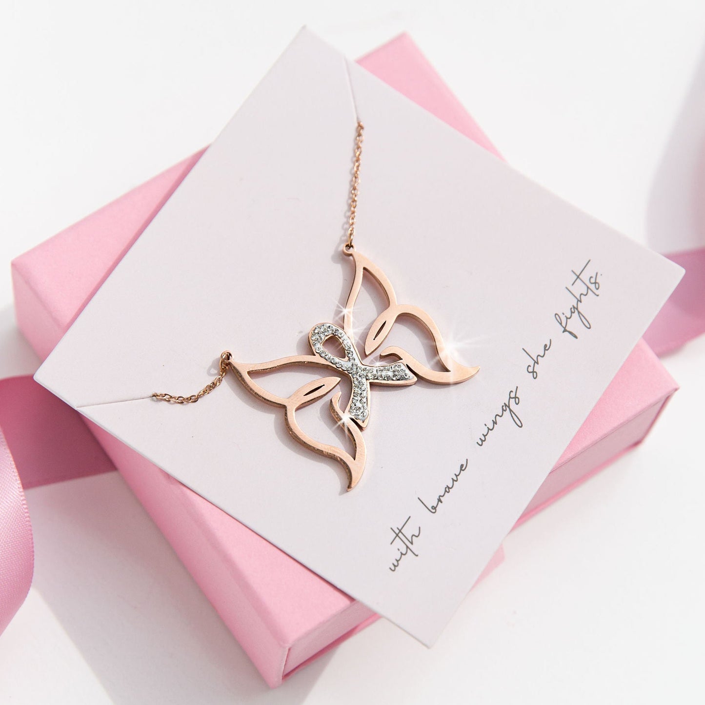 butterfly and ribbon breast cancer awareness necklace