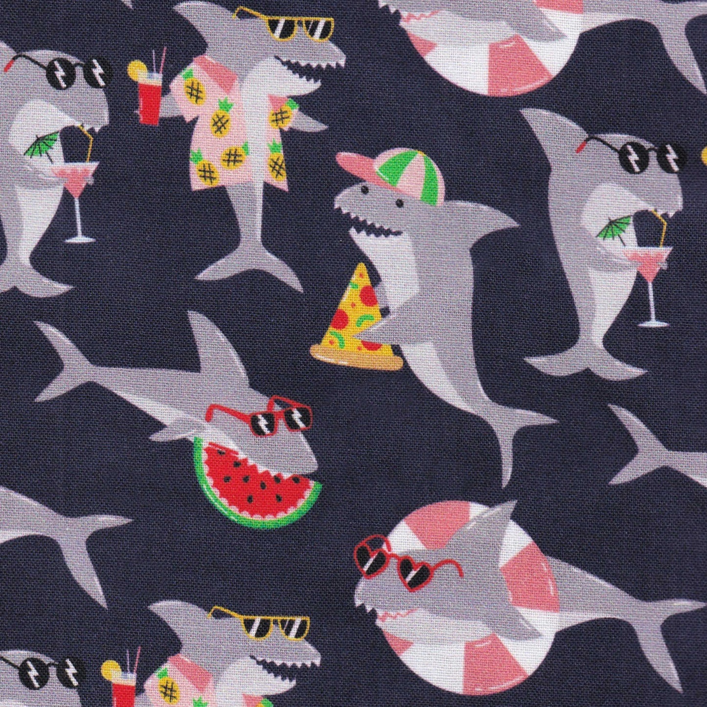 scrub cap with sharks eating pizza