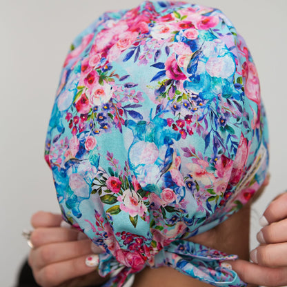 scrub cap with anatomical hearts and flowers