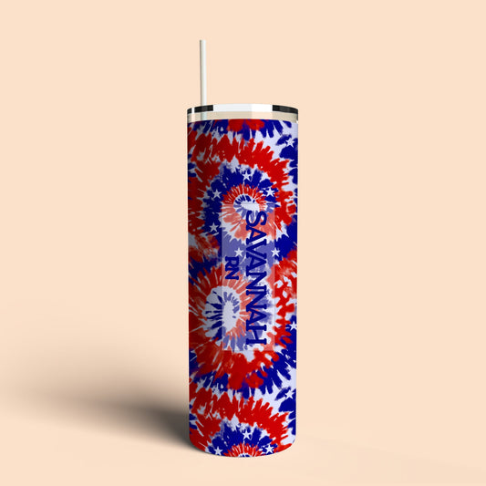 tumbler in red white and blue tie dye with white stars
