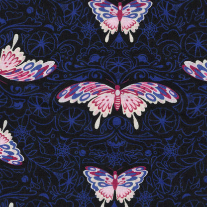 Butterfly pattern with pink and white wings on a dark blue background