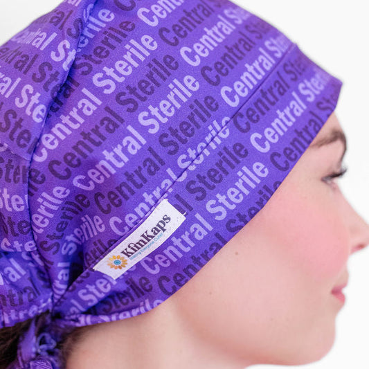 tieback scrub cap with the words Central Sterile on it