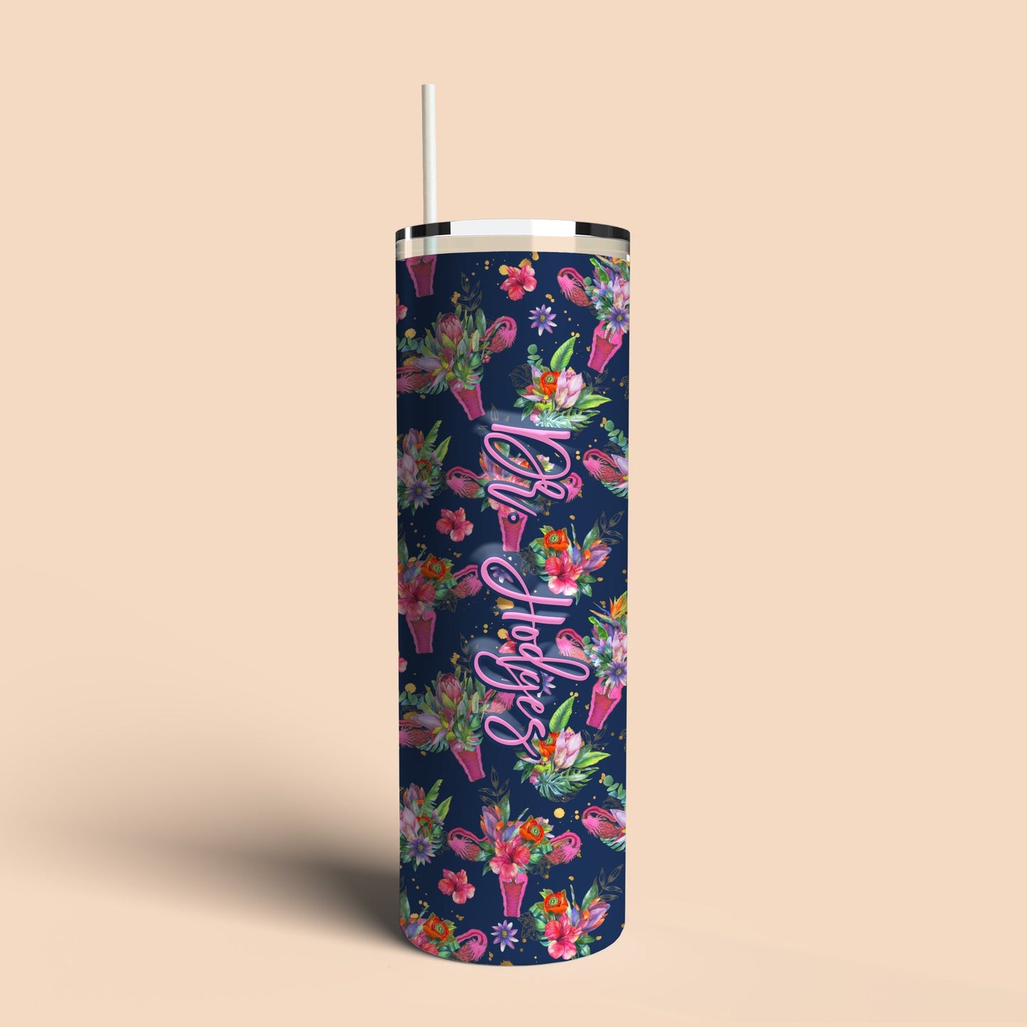 custom tumbler with uterus and flowers on navy blue background