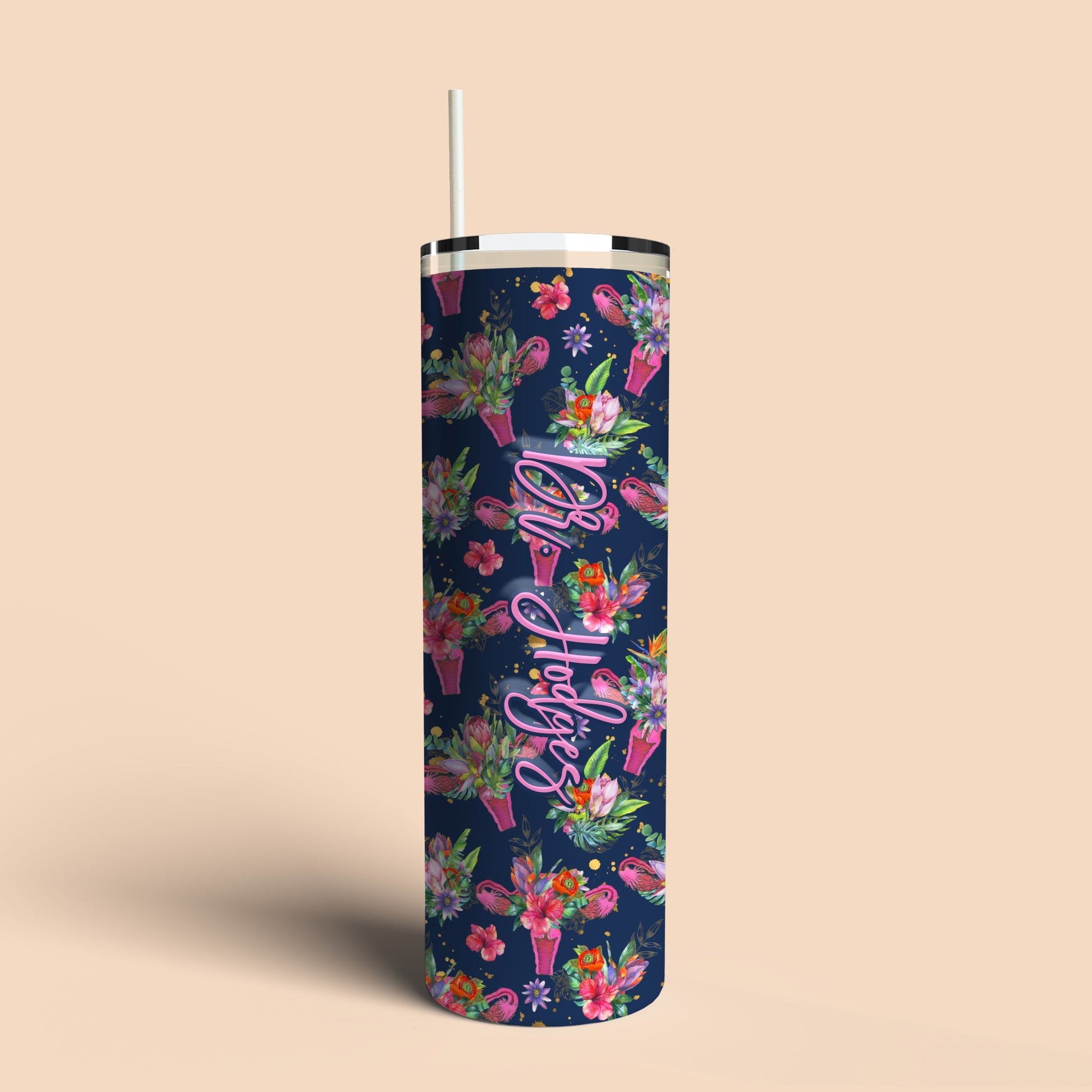 custom tumbler with uterus and flowers on navy blue background