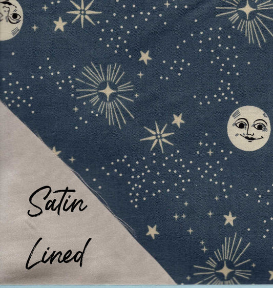 satin lined scrub cap with moons and stars