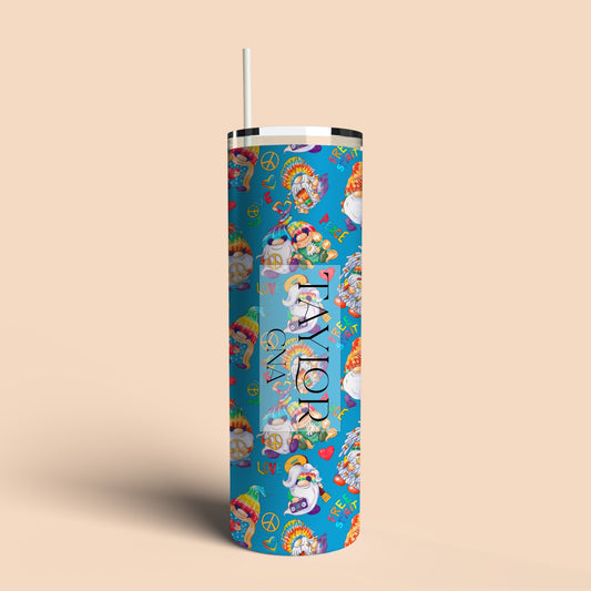 tumbler with gnomes in tie dye and guitars