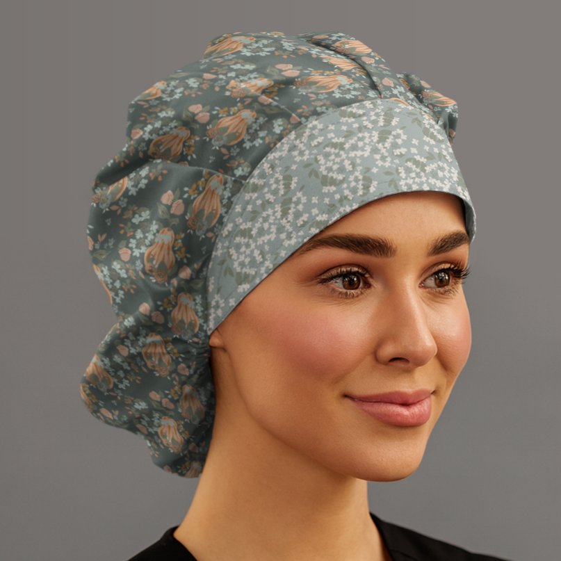 woman wearing fall themed bouffant scrub cap