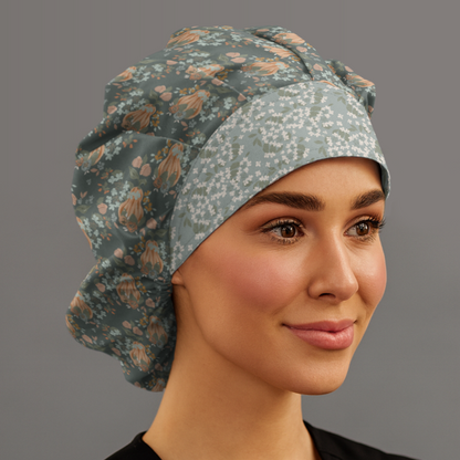 woman wearing fall themed bouffant scrub cap