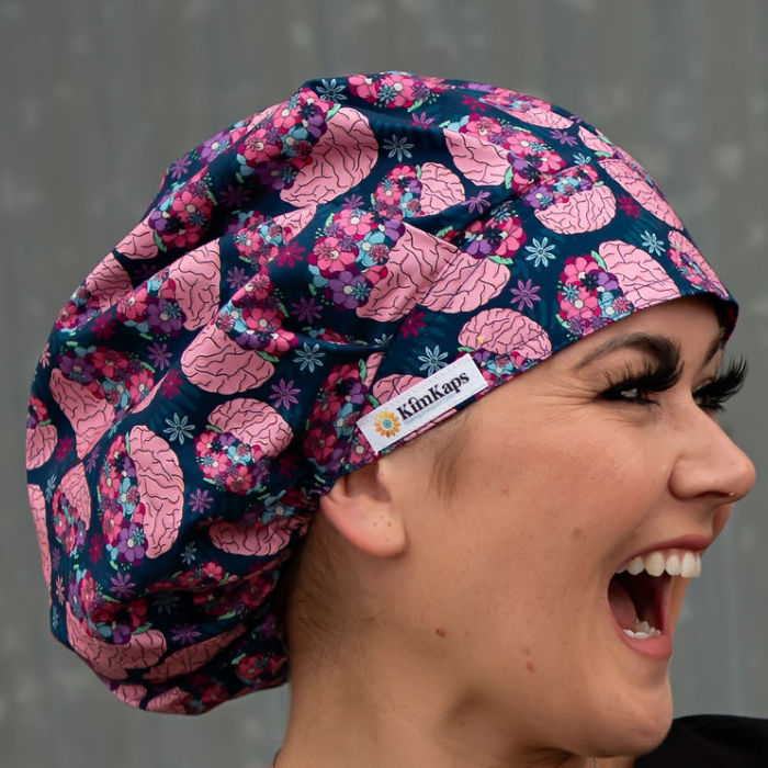 bouffant scrub cap with brains and flowers for neurosurgery