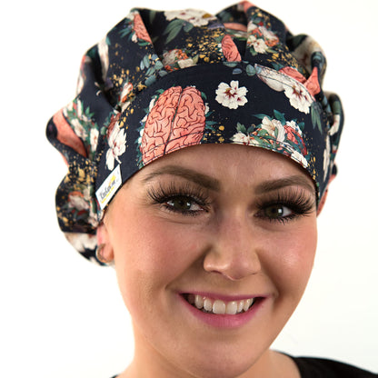 pretty bouffant scrub hat with brains and flowers