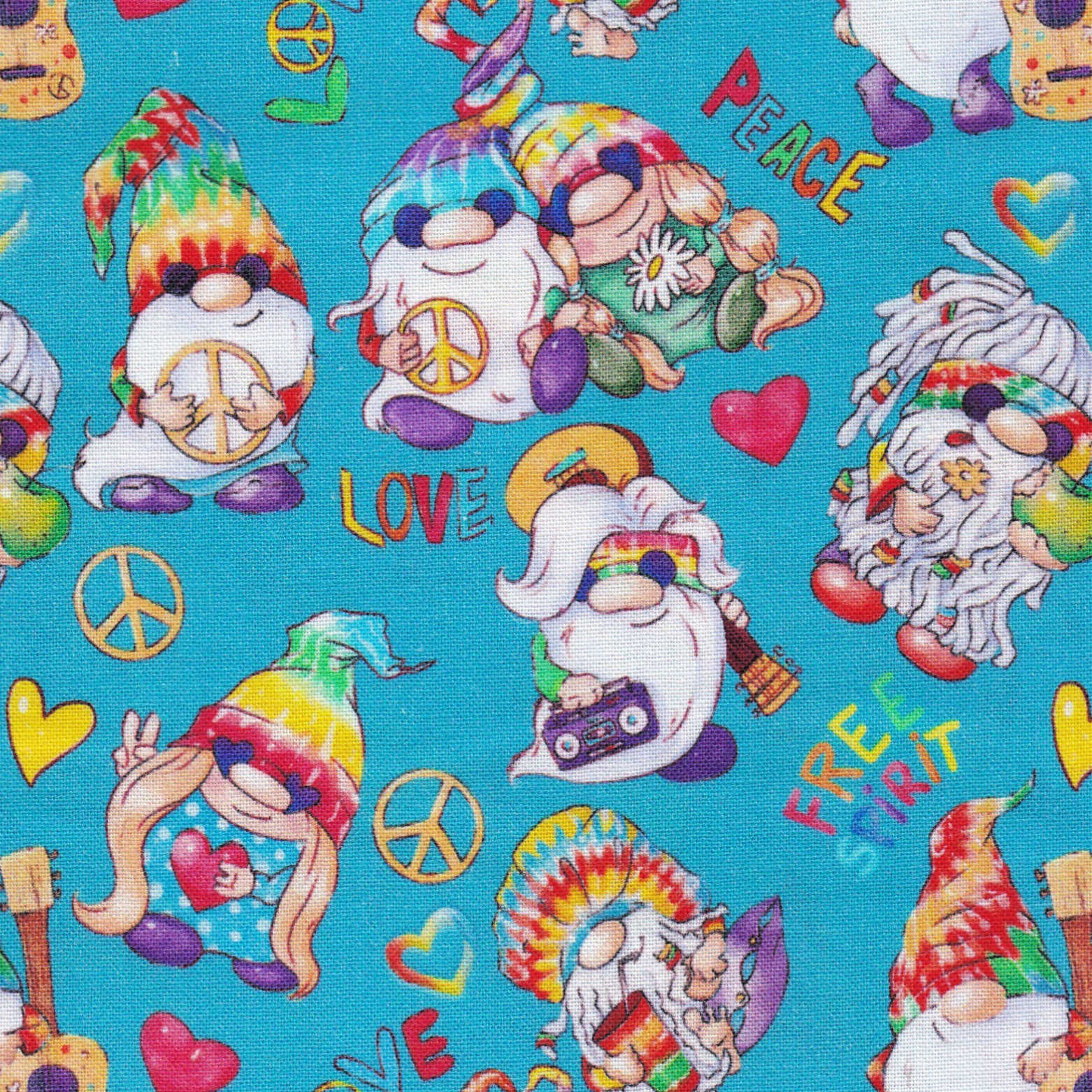 scrub cap with gnomes in tie dye with guitars and peace signs