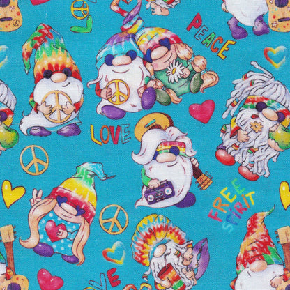 scrub cap with gnomes in tie dye with guitars and peace signs